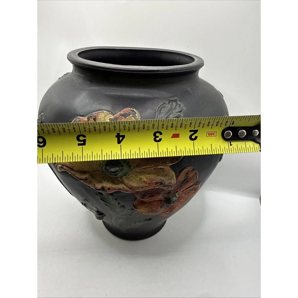 Antique 1920 Tiffin Black Satin 3D Coralene red orange & yellow Poppy glass Vase